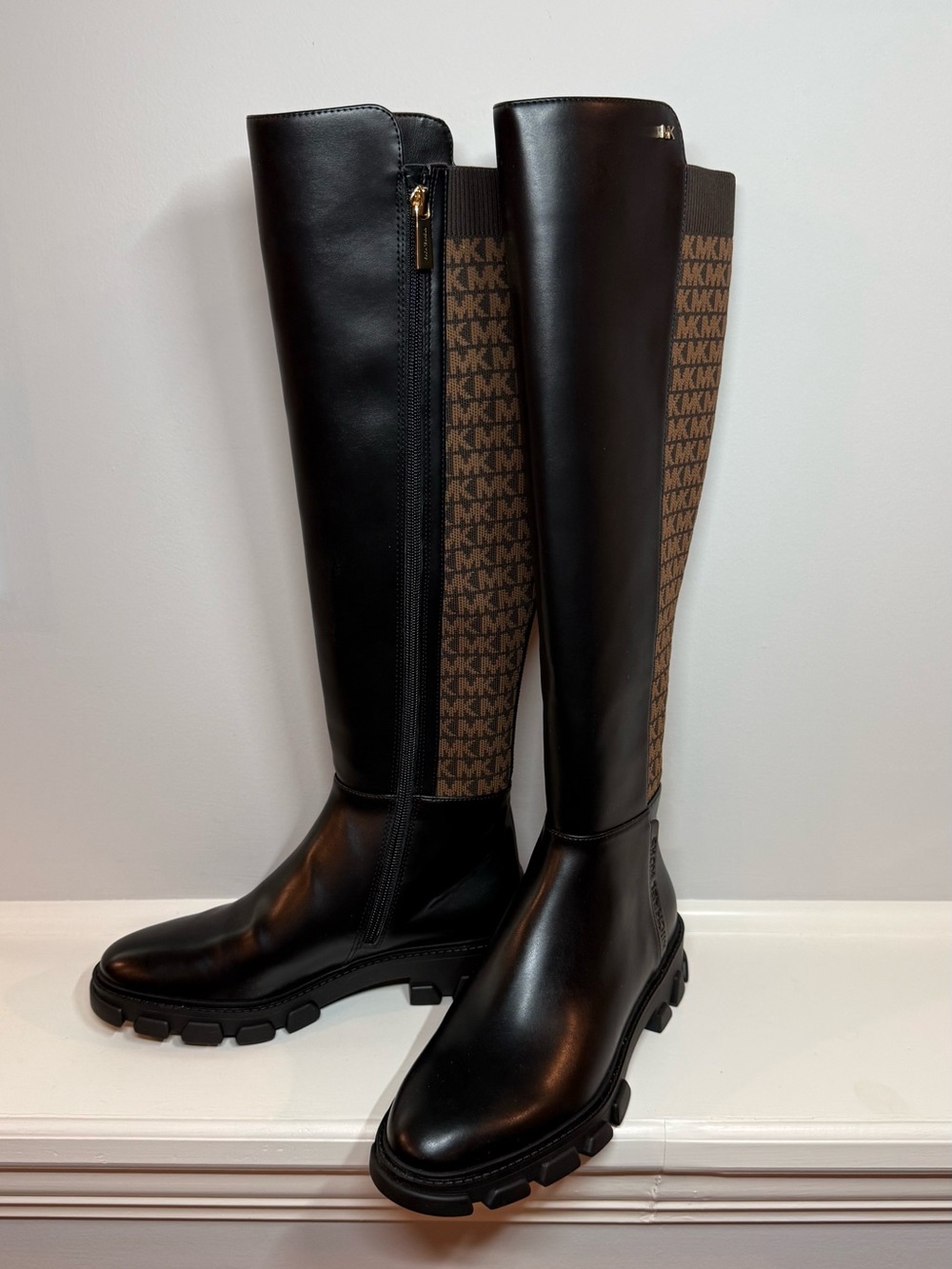 Michael Kors Black Leather & Brown Logo Tall Riding Boots